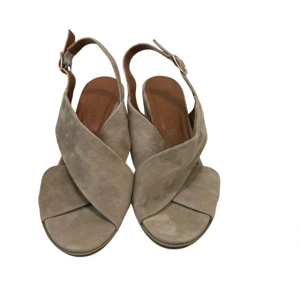 Mariella Suede Open Toe Sling Back Block Heel Sandal Tan 7.5